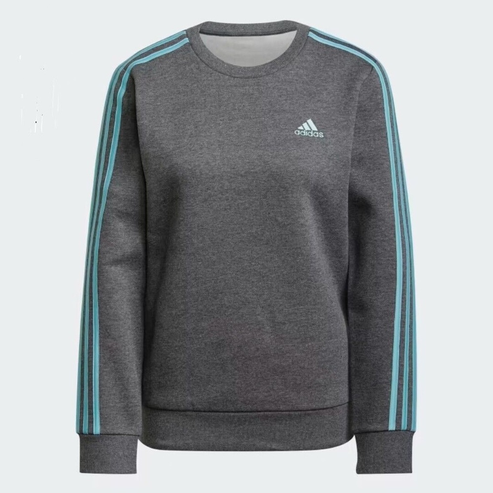 Adidas Essentials Women's 3-Stripe Gray/Blue Crewneck Sweatshirt Size medium